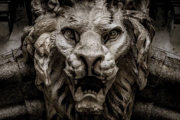 Italy, Turin. Made of stone and located on a marble arch, aroud 300 years old. Fallen angel in the shape of a roaring lion, Europe