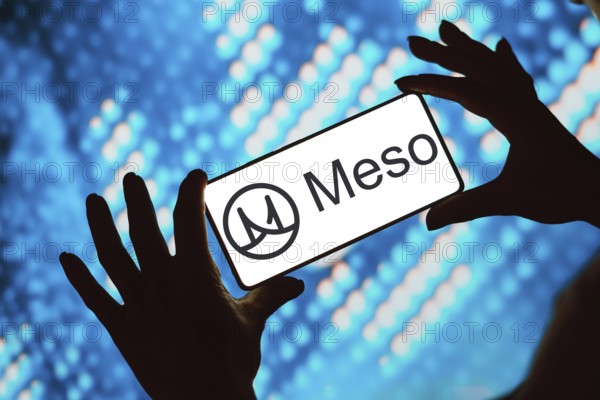February 20, 2024, Brazil. In this photo illustration, the Meso Network logo is displayed on a smartphone screen
