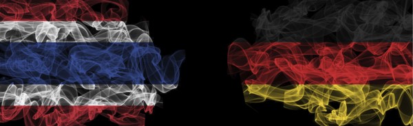 Flags of Thailand and Germany on Black background, Thailand vs Germany Smoke Flags