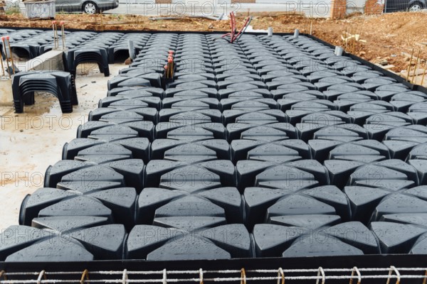 Detail of reinforced concrete screed with no-recoverable plastic formworks for ventilation under construction