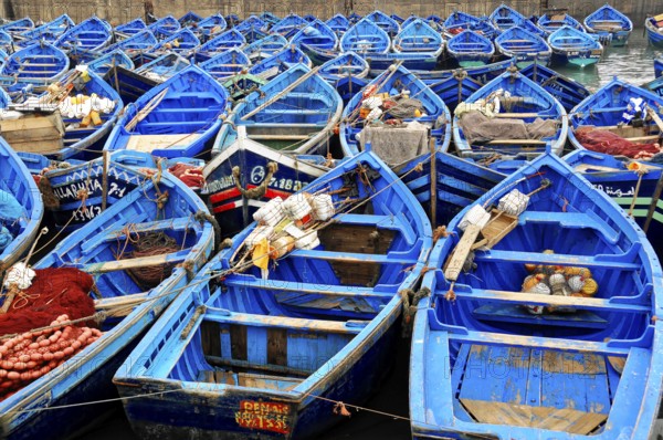 Essaouira, Morocco, North Africa, Africa, Close-up of many closely moored boats, prepared for fishing activities, Africa