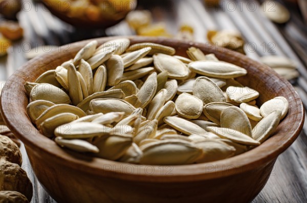 Pumpkin seeds in wooden bowl on kitchen table food background