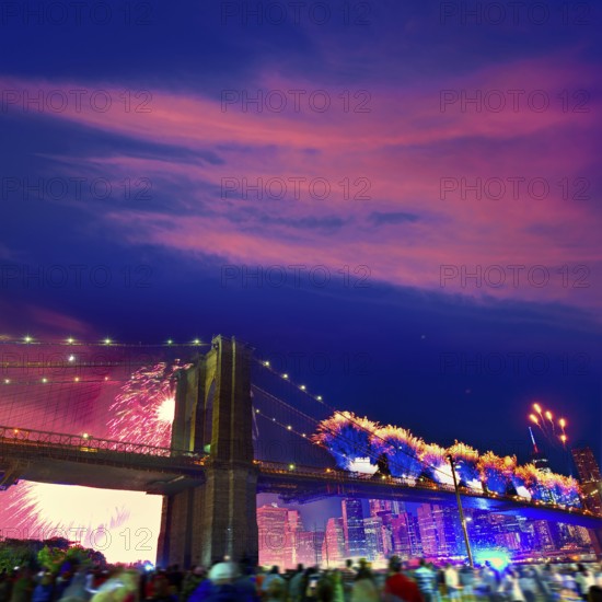 July 4th 2014 fireworks at Brooklyn bridge Manhattan skyline New York USA