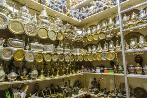 Marketplace in historic medina, full of souvenirs, leather bags, metal pieces, Tetouan, Morocco, North Africa, Africa
