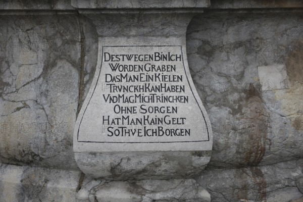 Historical inscription, iron fountain on the main square, Bruck an der Mur, Styria, Austria, Europe