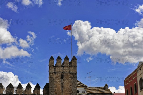 Seville, Andalusia, Spain, Europe, A medieval building with a tower and flag against a clear sky, Europe