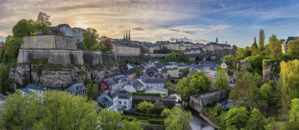 Grand Duchy of Luxembourg, sunset city skyline at Grund along Alzette river in the historical old town of Luxembourg