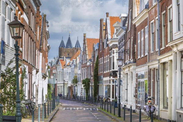 Street with historical houses in Haarlem city center, Netherlands