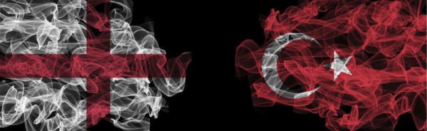 Flags of England and Turkey on Black background, England vs Turkey Smoke Flags