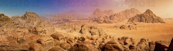 Desert and rocks on extraterrestrial or alien planet in the universe with view on space and galaxy. Sci-fi
