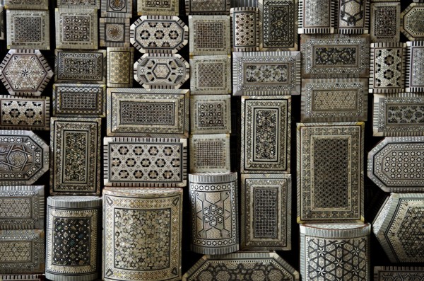 Decorated souvenir boxes in cairo egypt souk market