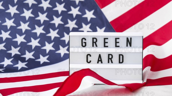 American flag. Lightbox with text GREEN CARD Flag of the united states of America. July 4th Independence Day. USA patriotism national holiday. Usa proud. Freedom concept