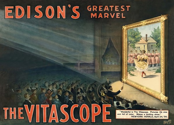 Historical advertisement for Thomas Edison's Vitascope, 19th Century, digitally edited