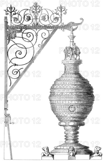 Historical illustration from the 19th Century, 1881, German Renaissance style, 16th century, old Baptismal font of the church Maria im Kapitol, Cologne, Germany, Europe, Deutsche Renaissance, Zeichnung von 1881, das alte Taufbecken in der Kirche Maria im Kapitol, Köln, Nordrhein-Westfalen, Deutschland, Europa, Europe