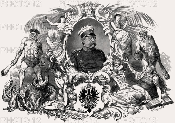 Allegory with Prince of Bismarck, first Chancellor of the German Empire, founding of the German Reich