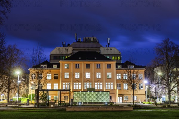 Academy building of the Montanuniversität Leoben, Gärner Park, blue hour, Leoben, Styria, Austria, Europe