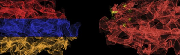 Flags of Armenia and China on Black background, Armenia vs China Smoke Flags