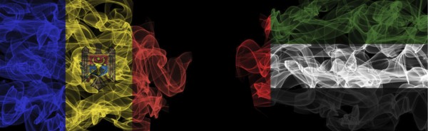 Flags of Moldova and UAE on Black background, Moldova vs United Arab Emirates Smoke Flags