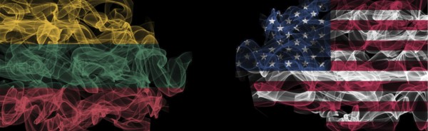Flags of Lithuania and USA on Black background, Lithuania vs USA Smoke Flags