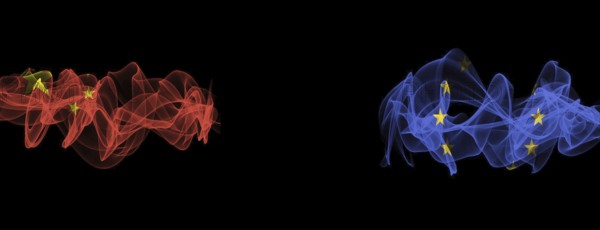 Flags of China and EU on Black background, China vs Europe Union Smoke Flags