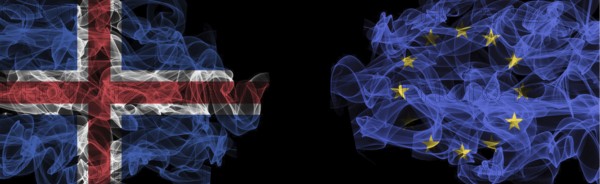 Flags of Iceland and EU on Black background, Iceland vs Europe Union Smoke Flags