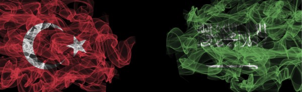 Flags of Turkey and Saudi Arabia on Black background, Turkey vs Saudi Arabia Smoke Flags