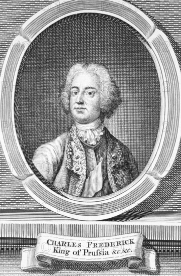 Frederick II (1712-1786) on engraving from the 1700s. King of Prussia during 1740-1786. Printed for R.Baldwin in 1756 for London Magazine