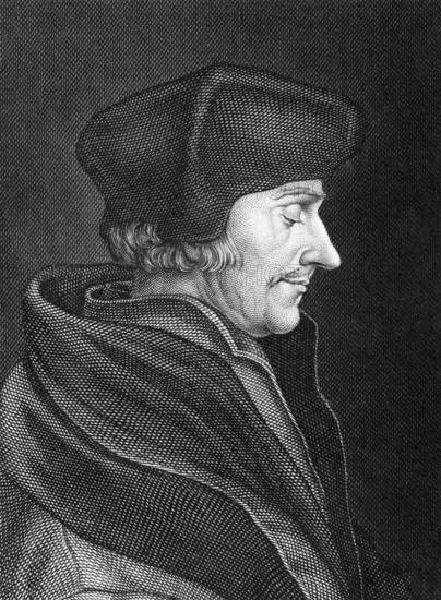 Desiderius Erasmus (1466-1536) on engraving from 1859. Dutch Renaissance humanist, Catholic priest, social critic, teacher and theologian. Engraved by C.Barth and published in Meyers Konversations-Lexikon, Germany, 1859, Europe