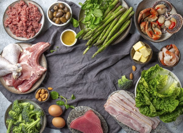 Food, Vegetarian and animal protein, carb and fat sources. Low carbs and ketogenic diet. Healthy food background with copy space