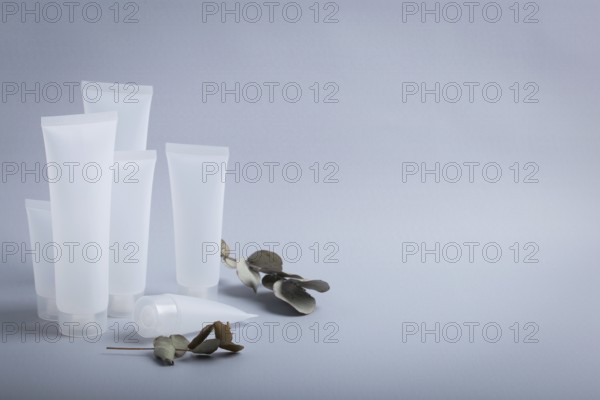 White empty plastic cosmetic tubes staying at gray background with eucalyptus branches, concept of cosmetology, body and skincare, beauty industry, food photography, food photography