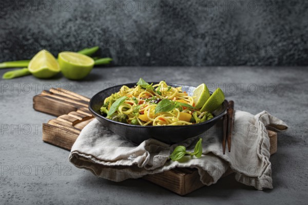 Asian vegetarian noodles with vegetables and lime in black rustic ceramic bowl, wooden chopsticks on cutting board angle view on stone background. Cooking noodles concept, food photography, food photography