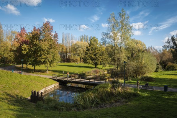 Jette, Brussels Capital Region, Belgium, 11 2 2019 Panoramic view over the Baudouin city park with autumn colors, Europe