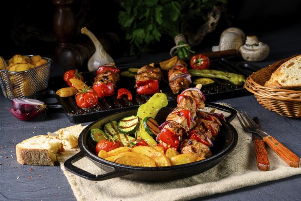 Shish kebab with various vegetables and spices Country potatoes