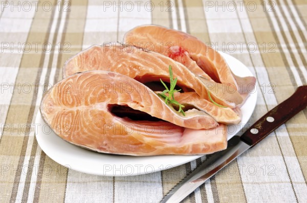 Three pieces of trout in white plate with rosemary on a checkered cloth background
