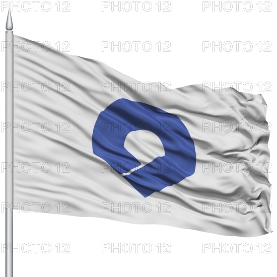 Isolated Wakayama Japan Prefecture Flag on Flagpole, Flying in the Wind, Isolated on White Background