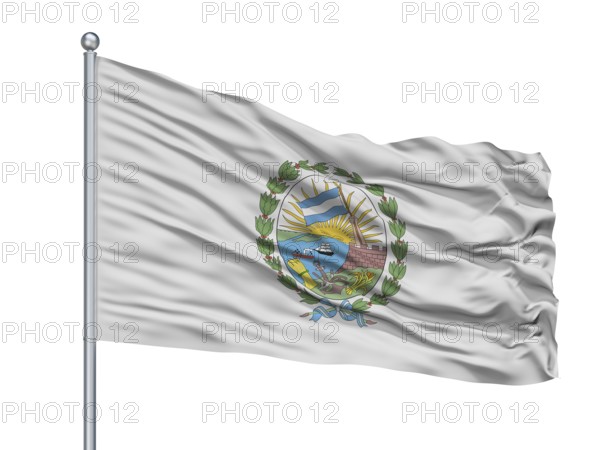Rosario City Flag On Flagpole, Country Argentina, Isolated On White Background, 3D Rendering