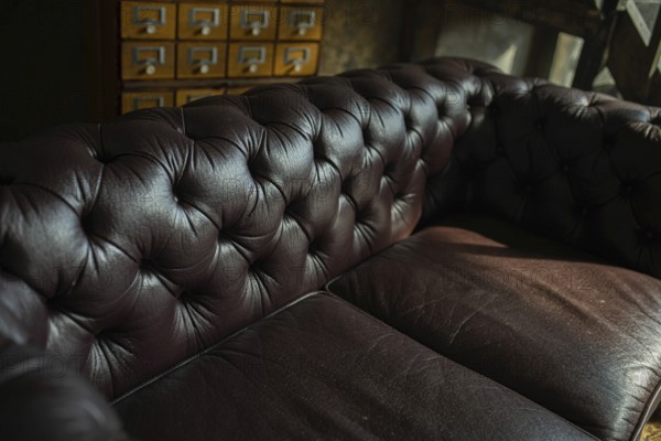 Tufted brown leather couch in a cozy setting with a vintage drawer unit