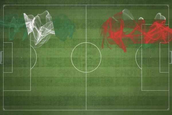 Nigeria vs Oman Soccer Match, national colors, national flags, soccer field, football game, Competition concept, Copy space