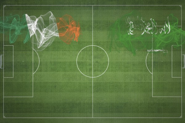 Ireland vs Saudi Arabia Soccer Match, national colors, national flags, soccer field, football game, Competition concept, Copy space