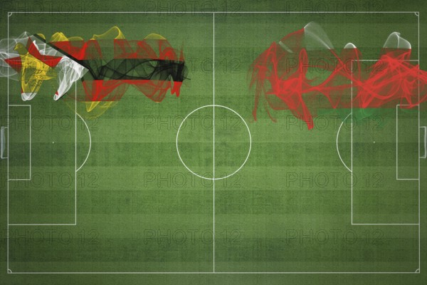 Zimbabwe vs Oman Soccer Match, national colors, national flags, soccer field, football game, Competition concept, Copy space