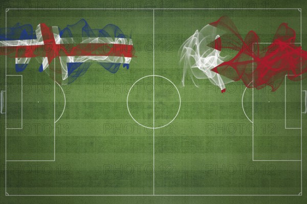 Iceland vs Bahrain Soccer Match, national colors, national flags, soccer field, football game, Competition concept, Copy space