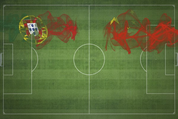 Portugal vs China Soccer Match, national colors, national flags, soccer field, football game, Competition concept, Copy space