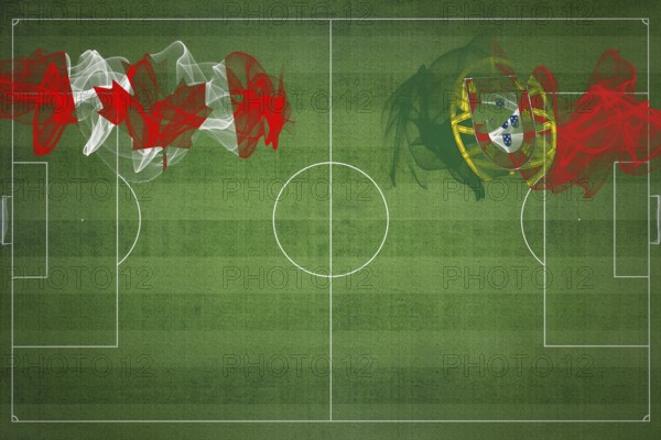 Canada vs Portugal Soccer Match, national colors, national flags, soccer field, football game, Competition concept, Copy space
