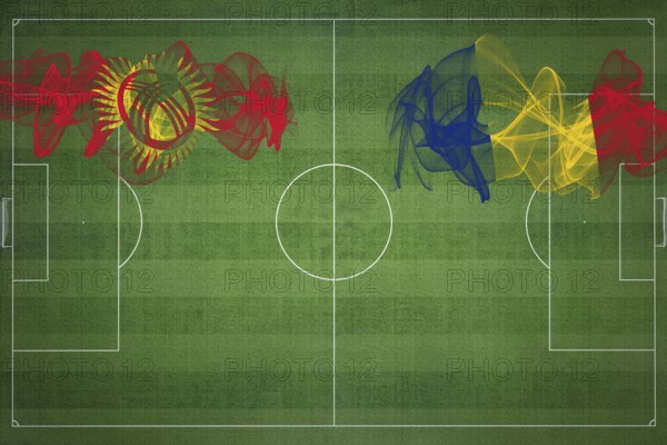 Kyrgyzstan vs Romania Soccer Match, national colors, national flags, soccer field, football game, Competition concept, Copy space