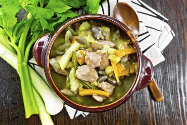 Eintopf soup of pork, celery, beans, carrots and potatoes with leek in a clay bowl on a towel on wooden board background from above
