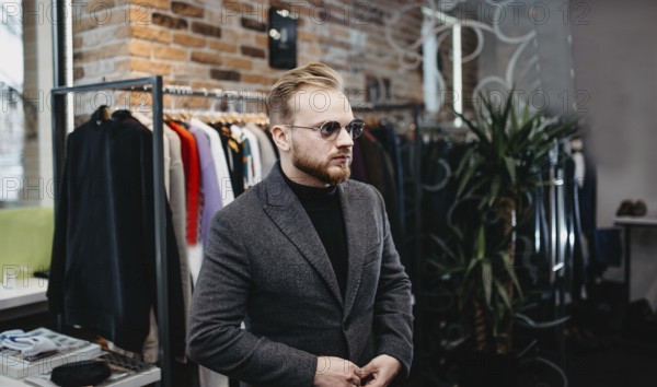 Man wearing sunglasses and a coat stands inside a chic clothing store with trendy decor