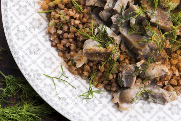 Stewed turkey stomachs with vegetables and buckwheat in a bowl