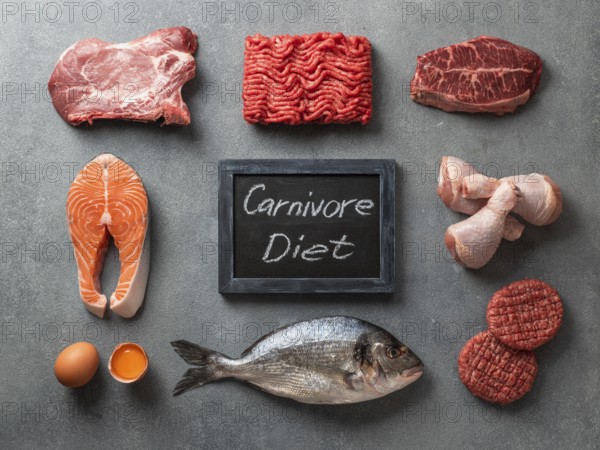 Carnivore diet concept. Raw ingredients for zero carb diet - meat, poultry, fish, seafood, eggs, beef bones for bone broth and words Carnivore Diet on gray stone background. Top view or flat lay