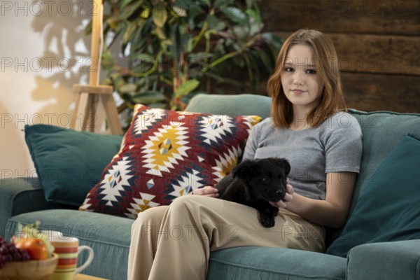 A young woman happily enjoys quality time with her adorable puppy in a stylish and inviting living room setting