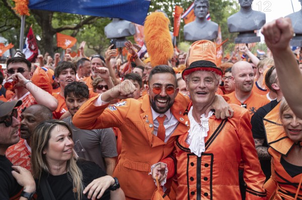 06/07/2024, Berlin, Germany, Europe, Fans of the Dutch national football team celebrate on a fan walk in front of the quarter-final match against Turkey during the European Football Championship UEFA EURO 2024, Europe